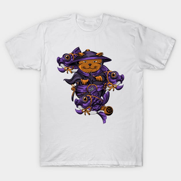 ninja cat and fish ninja T-Shirt by sukagambarstudio